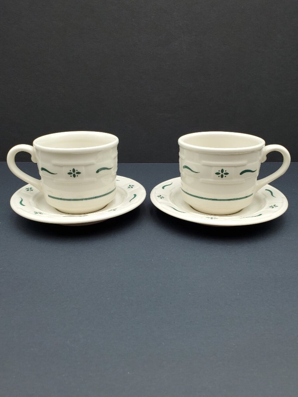 Longaberger Woven Traditions Heritage Green Flat Cups & Saucers Teacups Mugs Set